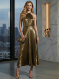 Luxurious Champagne Gold Pleated Halter Midi Prom Dress
