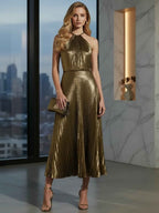 Luxurious Champagne Gold Pleated Halter Midi Prom Dress