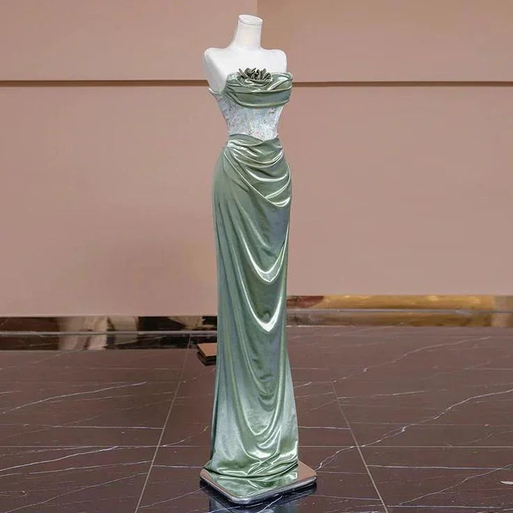 Abito da sera formale a sirena senza spalline plissettato elegante per ballo Y7989