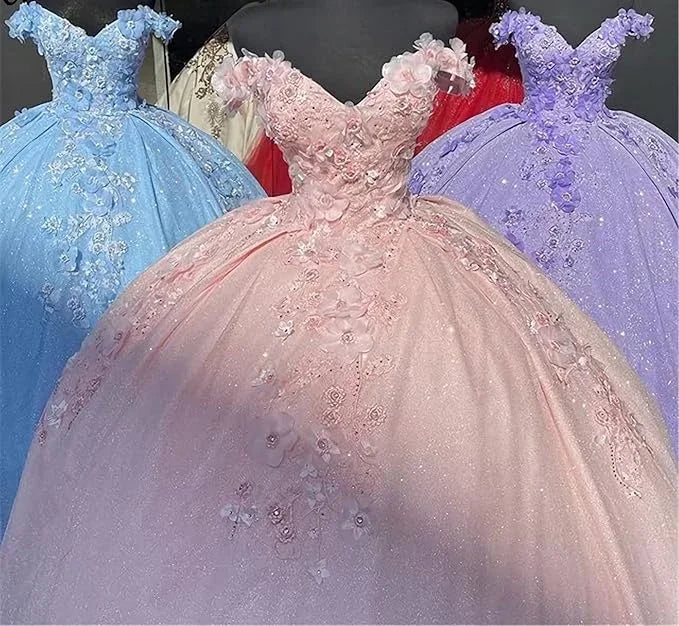 Abito da ballo blu con spalle scoperte, vestito da festa scintillante con fiori S26908