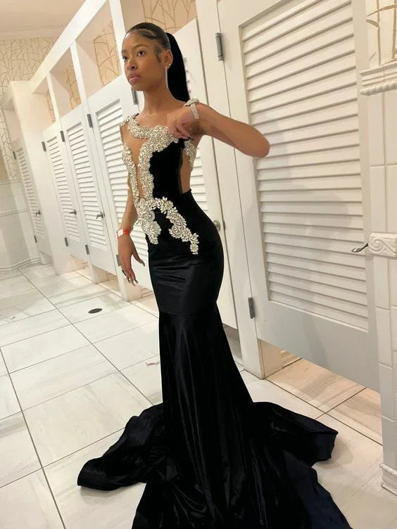 Abito da sera nero con pizzo sirena africano Y5989