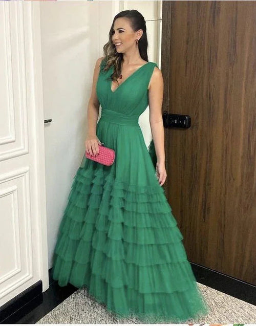 Robe de bal longue verte à encolure en V coupe ligne A Y4830