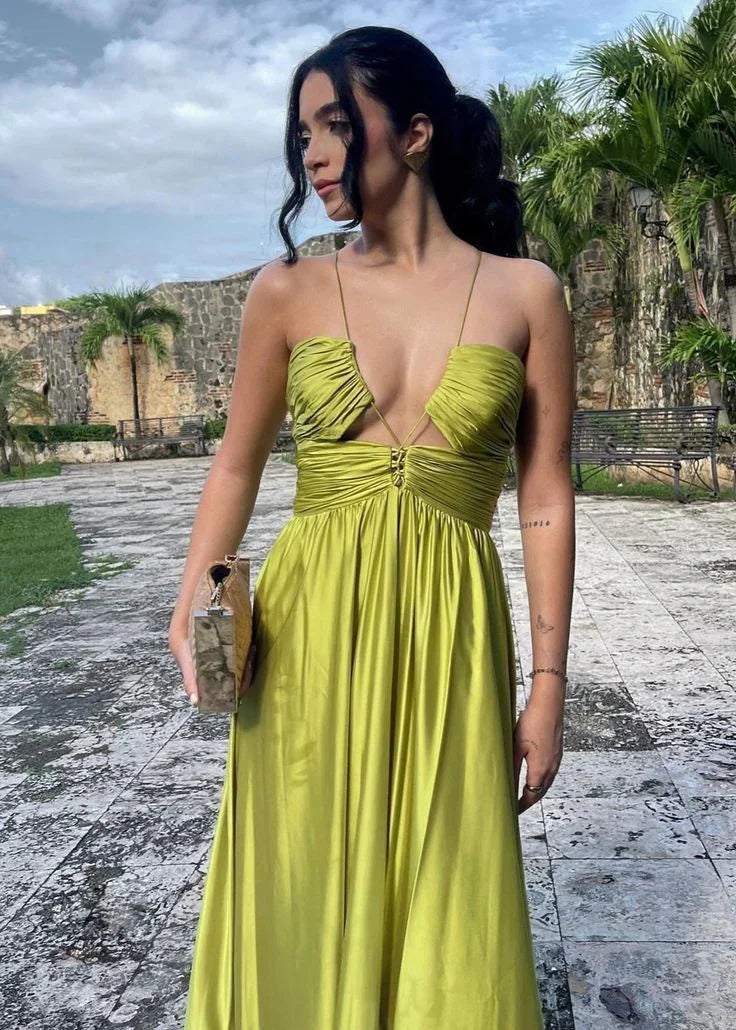 Robe de bal longue verte en satin froncée à col licou chic Robe de soirée formelle Y8098