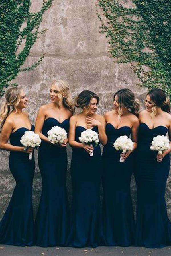 Elegant Cheap Sweetheart Navy Mermaid Long Bridesmaid Dresses