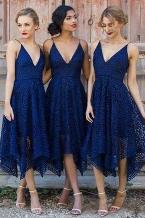 Cheap Navy V-neck Short Lace A-line Bridesmaid Dresses Online