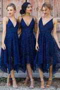 Cheap Navy V-neck Short Lace A-line Bridesmaid Dresses Online