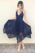 Cheap Navy V-neck Short Lace A-line Bridesmaid Dresses Online