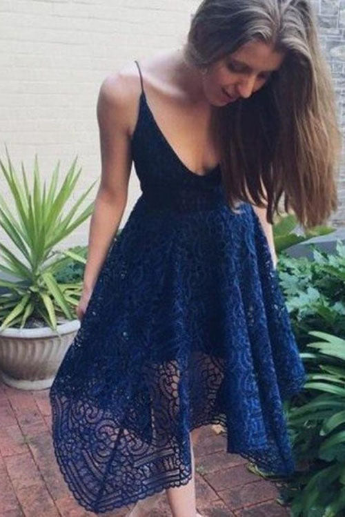 Cheap Navy V-neck Short Lace A-line Bridesmaid Dresses Online