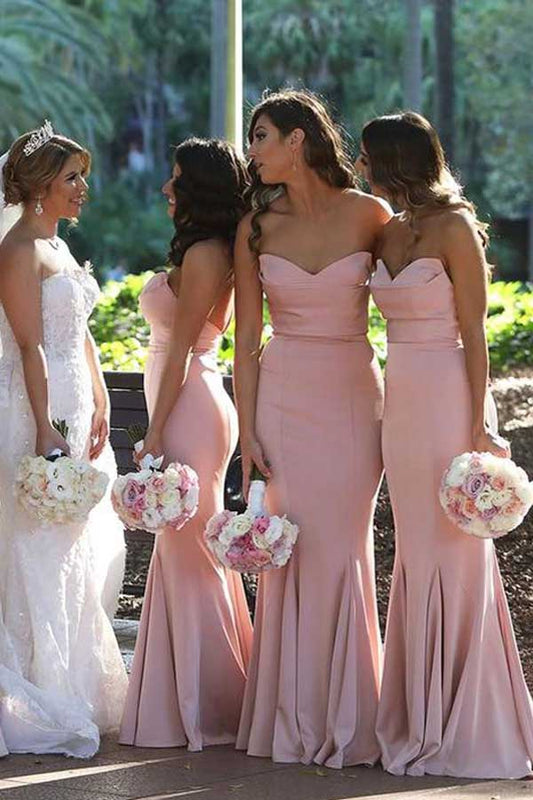 Elegante Meerjungfrau Sweetheart Blush Pink Satin Lange Brautjungfernkleider 