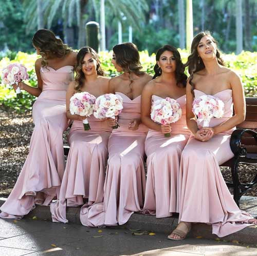 Elegant Mermaid Sweetheart Blush Pink Satin Long Bridesmaid Dresses