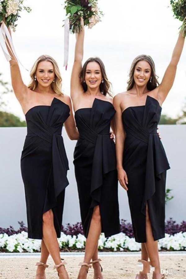 Sheath Bow Strapless Split Black Tea-length Bridesmaid Dresses, Fashion Outfits