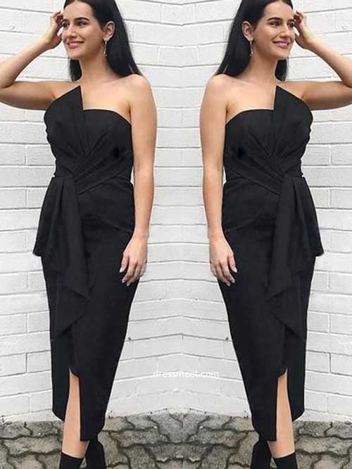 Sheath Bow Strapless Split Black Tea-length Bridesmaid Dresses, Fashion Outfits