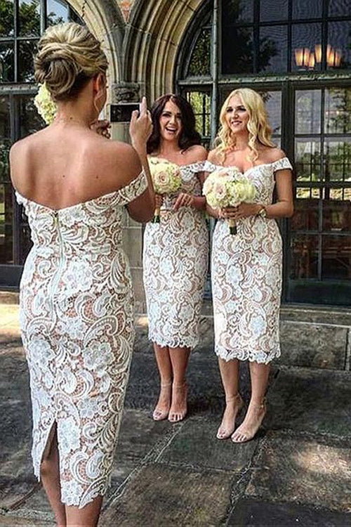 Abito da damigella lungo in pizzo bianco con scollo a spalle scoperte, abiti eleganti da damigella