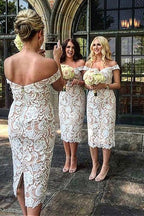 Abito da damigella lungo in pizzo bianco con scollo a spalle scoperte, abiti eleganti da damigella