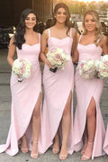 Elegant Satin Mermaid Sweetheart Split Pink Long Bridesmaid Dresse