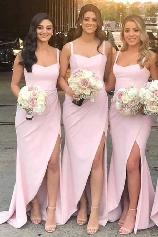 Elegant Satin Mermaid Sweetheart Split Pink Long Bridesmaid Dresse