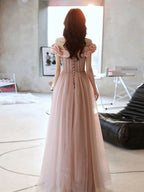 Vestido largo de fiesta rosa con cuello corazón, tul y cuentas, vestido de noche rosa, Y2406