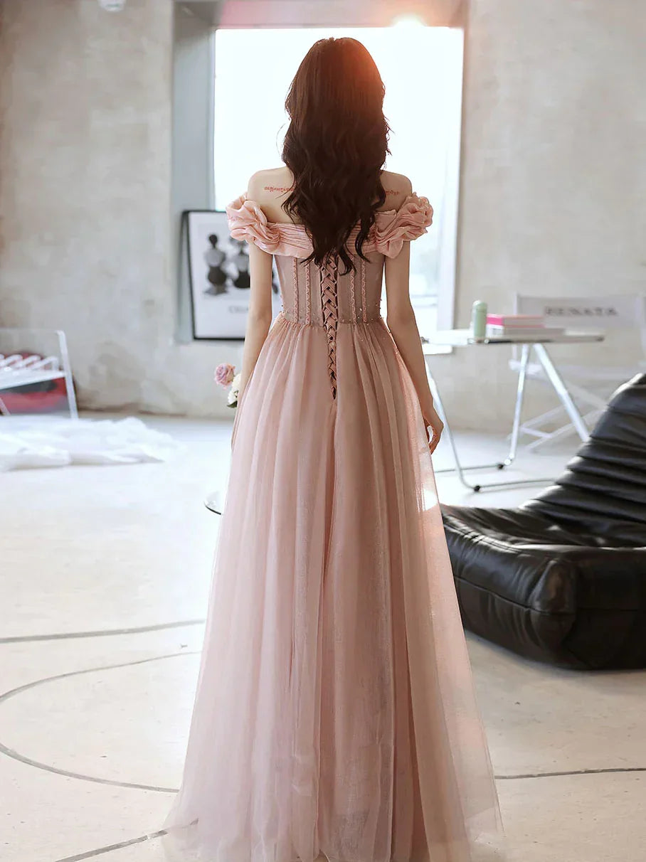 Vestido largo de fiesta rosa con cuello corazón, tul y cuentas, vestido de noche rosa, Y2406