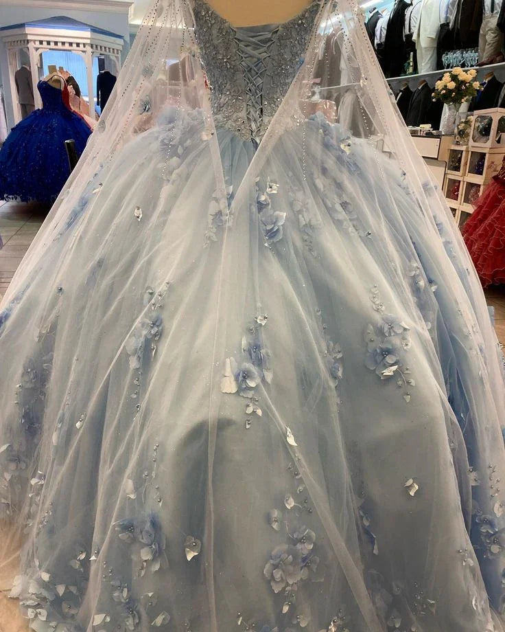 Ballkleid Hellblau Quinceañera-Kleider 3D-Blumen Süßes 16 Kleid Y6569