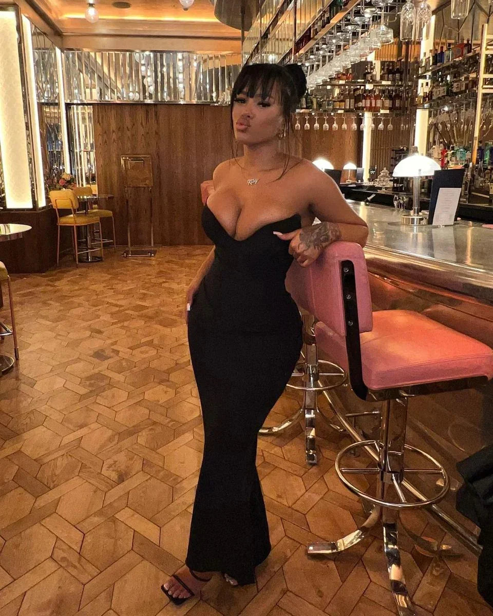 Elegante abito da sera nero aderente, vestito sottile per ballo Y4242