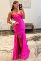 Sunnderly Addilynn | Vestido de cetim para baile com decote redondo de sereia e racha