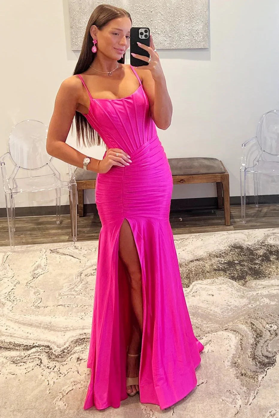 Sunnderly Addilynn | Abito da sera in raso con scollo a barchetta e spacco, stile sirena
