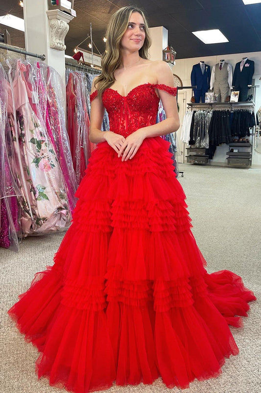 Vestido de fiesta largo de tul con hombros descubiertos y volantes en capas