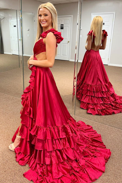 Vestido de fiesta largo de corte A con volantes y abertura