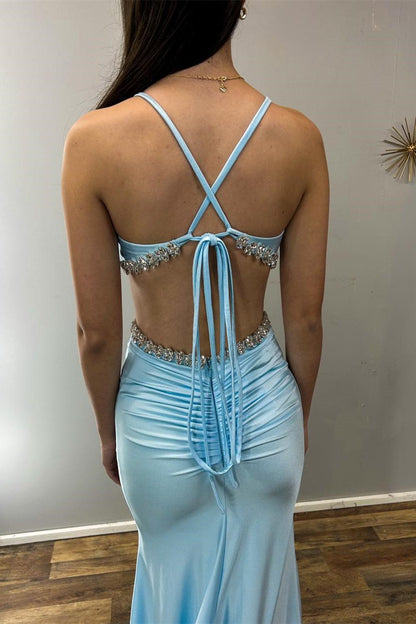 Vestido formal largo estilo sirena con escote en V y aberturas con diamantes de imitación