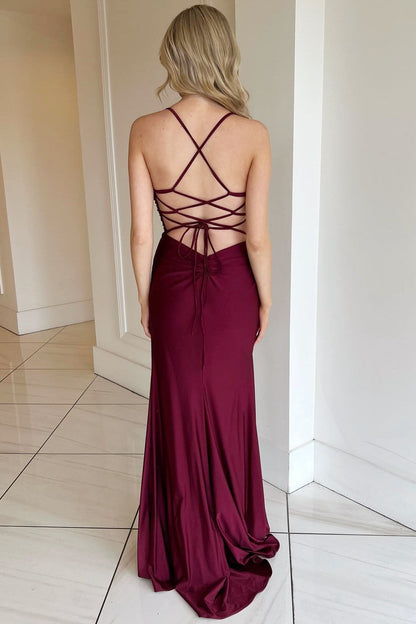 Vestido formal largo con escote en V, cordones y abertura