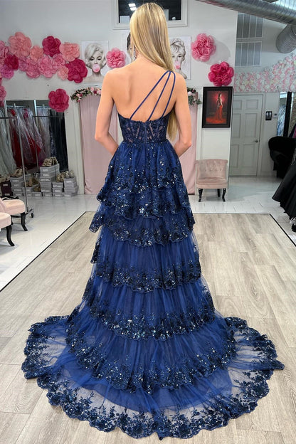 Vestido de fiesta largo de encaje escalonado con un solo hombro