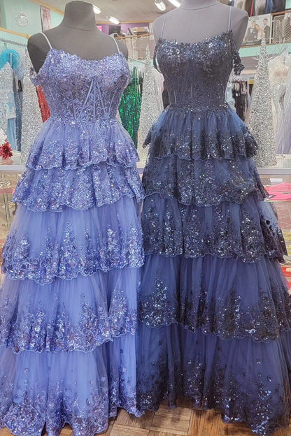 Vestido de fiesta largo con volantes, hombros descubiertos y lentejuelas de tul