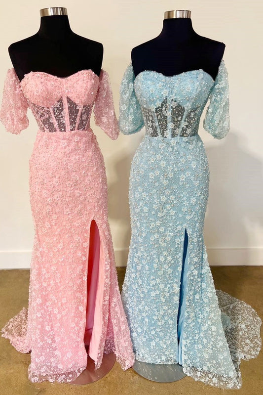 Vestido de fiesta largo estilo sirena con escote en forma de corazón y encaje floral 3D con abertura