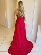 Stunning Yellow A Line Strapless Sweetheart Pleated Prom Dress High Slit Gown