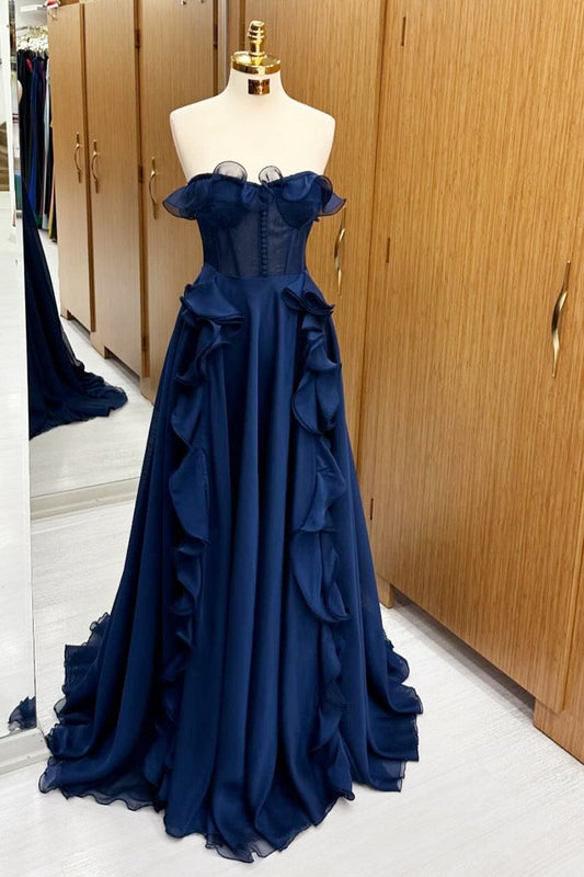 Vestido largo con volantes y corsé azul marino