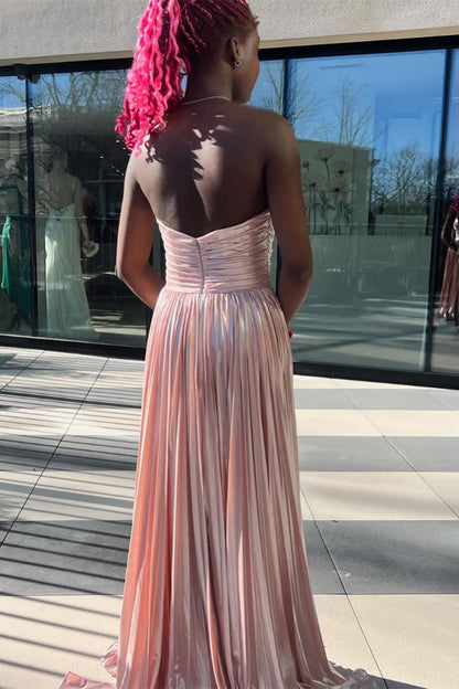 Vestidos de fiesta largos plisados de corte A sin tirantes y color verde metalizado