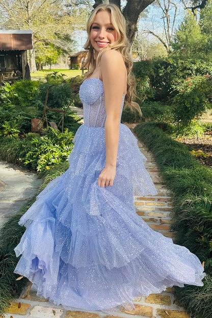 Vestido de fiesta largo con volantes y lentejuelas de tul color lavanda