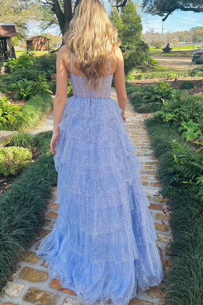 Vestido de fiesta largo con volantes y lentejuelas de tul color lavanda