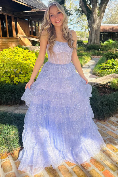 Vestido de fiesta largo con volantes y lentejuelas de tul color lavanda