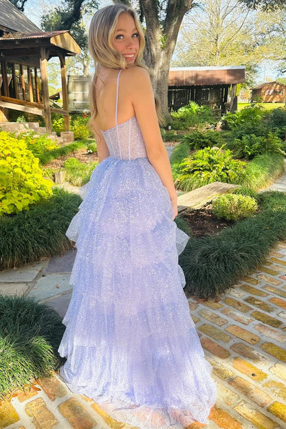 Vestido de fiesta largo con volantes y lentejuelas de tul color lavanda