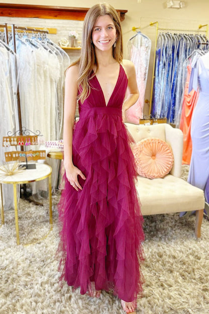 Vestido largo con volante en V en azul ahumado