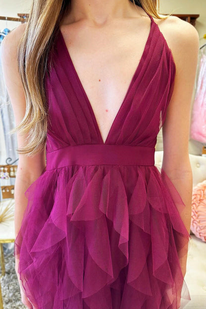 Vestido largo con volante en V en azul ahumado
