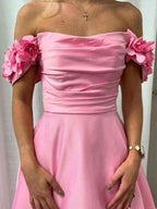 Pink A Line Off The Shoulder Pleated Satin Long Elegant Prom Dress