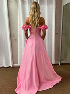 Pink A Line Off The Shoulder Pleated Satin Long Elegant Prom Dress