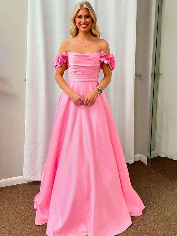 Pink A Line Off The Shoulder Pleated Satin Long Elegant Prom Dress