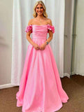 Pink A Line Off The Shoulder Pleated Satin Long Elegant Prom Dress