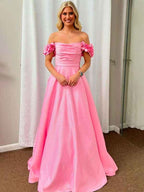 Pink A Line Off The Shoulder Pleated Satin Long Elegant Prom Dress