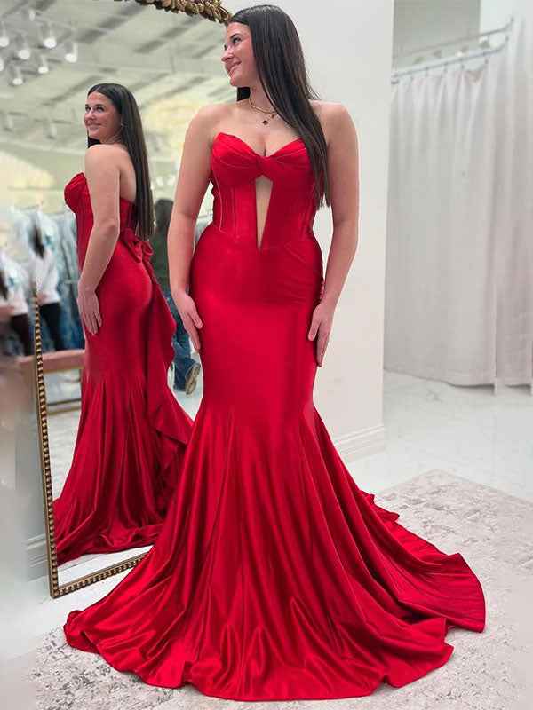 Red Satin Mermaid Strapless Pleated Long Prom Dress With Bow And Train