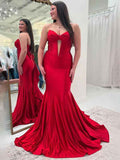 Red Satin Mermaid Strapless Pleated Long Prom Dress With Bow And Train