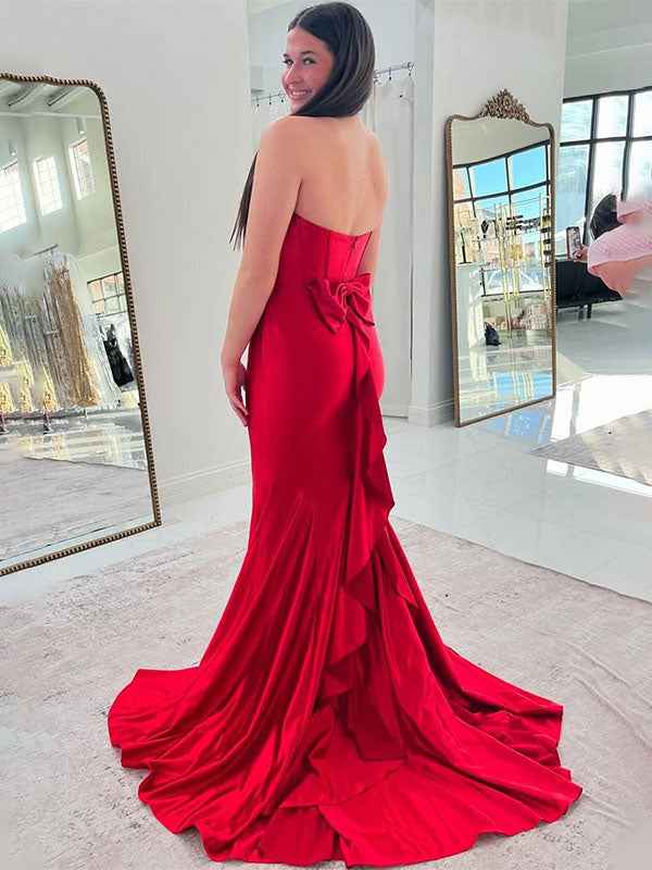 Red Satin Mermaid Strapless Pleated Long Prom Dress With Bow And Train